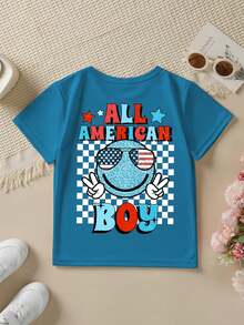 Fashionable Short-Sleeved T-Shirt For Boys 'American Independence Day' 'ALL AMERICA BOY' With Plaid Elements And Double-Sided Cartoon Print, Casual Outdoor Top - 藍色 - 查看 3