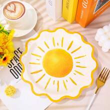 10/20/40pcs 9 Inch Bohemian Sun Paper Plates, Scalloped Edge, Yellow Plaid Pattern, Disposable Dessert Plates For Birthday Party, Baby Shower Party Supplies - Sun - View 4