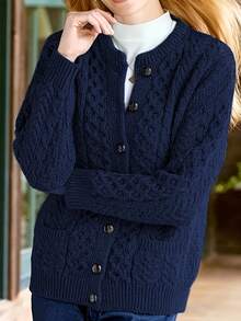Plus Size Women's Autumn/Winter Solid Color Minimalist Elegant Button-Up Cardigan Sweater, Suitable For Casual Daily Wear And Outings - Royal Blue - View 1