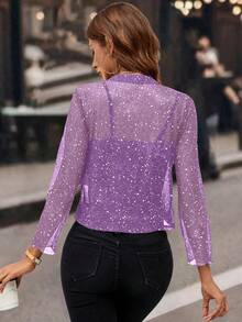 Women's Glitter Sequin Cardigan Jacket, Pleated Fabric With Gold Foil, 3/4 Sleeves, Business Casual For Women - 紫色 - 查看 2