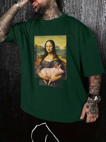 Camiseta de hombre, Camiseta divertida con estampado de la Mona Lisa, Estilo urbano moderno, Cuello redondo holgado, Mangas cortas, Regalo para hombre, Talla grande. - Multicolor - Ver 1