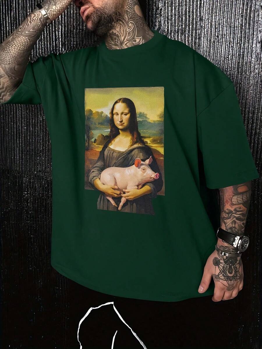 Camiseta de hombre, Camiseta divertida con estampado de la Mona Lisa, Estilo urbano moderno, Cuello redondo holgado, Mangas cortas, Regalo para hombre, Talla grande. - Multicolor - Ver 1