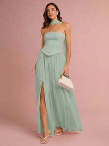 Vestido midi con abertura alta y sin tirantes elegante para mujer, color rosa - verde menta - Ver 1