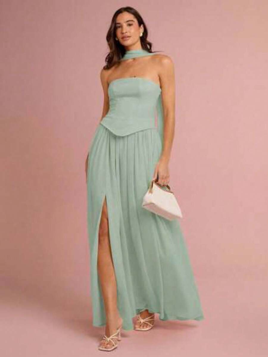 Vestido midi con abertura alta y sin tirantes elegante para mujer, color rosa - verde menta - Ver 1