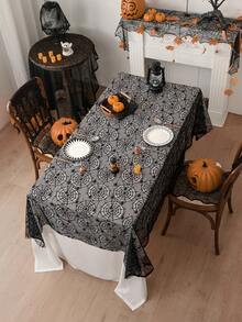 Halloween Black Lace Spider Web Tablecloth, Party Dining Table Decor Hollow Spider Tablecloth, Halloween Party Dining Table Arrangement Decoration Table Runner, Holiday Gathering Dining Table Atmosphere Decoration Supplies, Halloween Home Fireplace Mantel Decoration - Multiple Styles - View 1