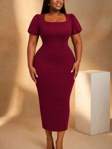 1pc Elegant Solid Color Asymmetric/Asymmetrical Midi Knit Dress, Office/Home/Casual/Night Wear, Spring/Summer - Burgundy - View 4