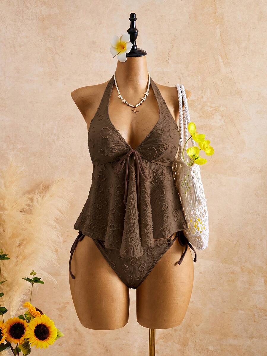 Women's Halter Neck Ruffle Lace Bikini Set: Flattering Two-Piece Swimsuit For Hot Springs - Coffee Brown - View 1