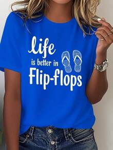 NEW Women's Tropical Beach T-Shirt "Life Is Better With Flip-Flops" - 100% Loose And Casual Summer T-Shirt With Flip-Flop And Palm Tree Designs, Light White Print, Suitable For - 藍色 - 查看 1