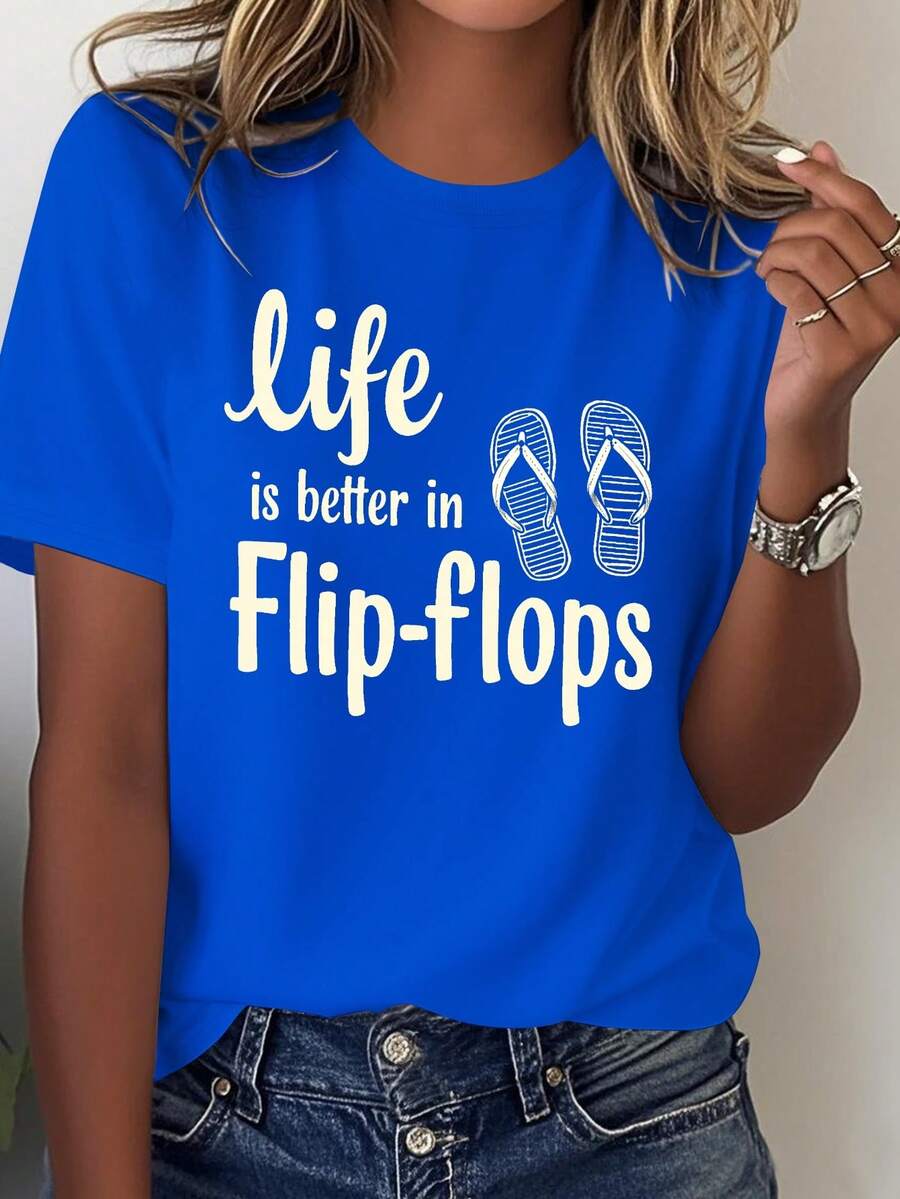 NEW Women's Tropical Beach T-Shirt "Life Is Better With Flip-Flops" - 100% Loose And Casual Summer T-Shirt With Flip-Flop And Palm Tree Designs, Light White Print, Suitable For - 藍色 - 查看 1