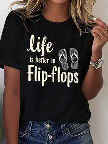 NEW Women's Tropical Beach T-Shirt "Life Is Better With Flip-Flops" - 100% Loose And Casual Summer T-Shirt With Flip-Flop And Palm Tree Designs, Light White Print, Suitable For - 黑色 - 查看 1