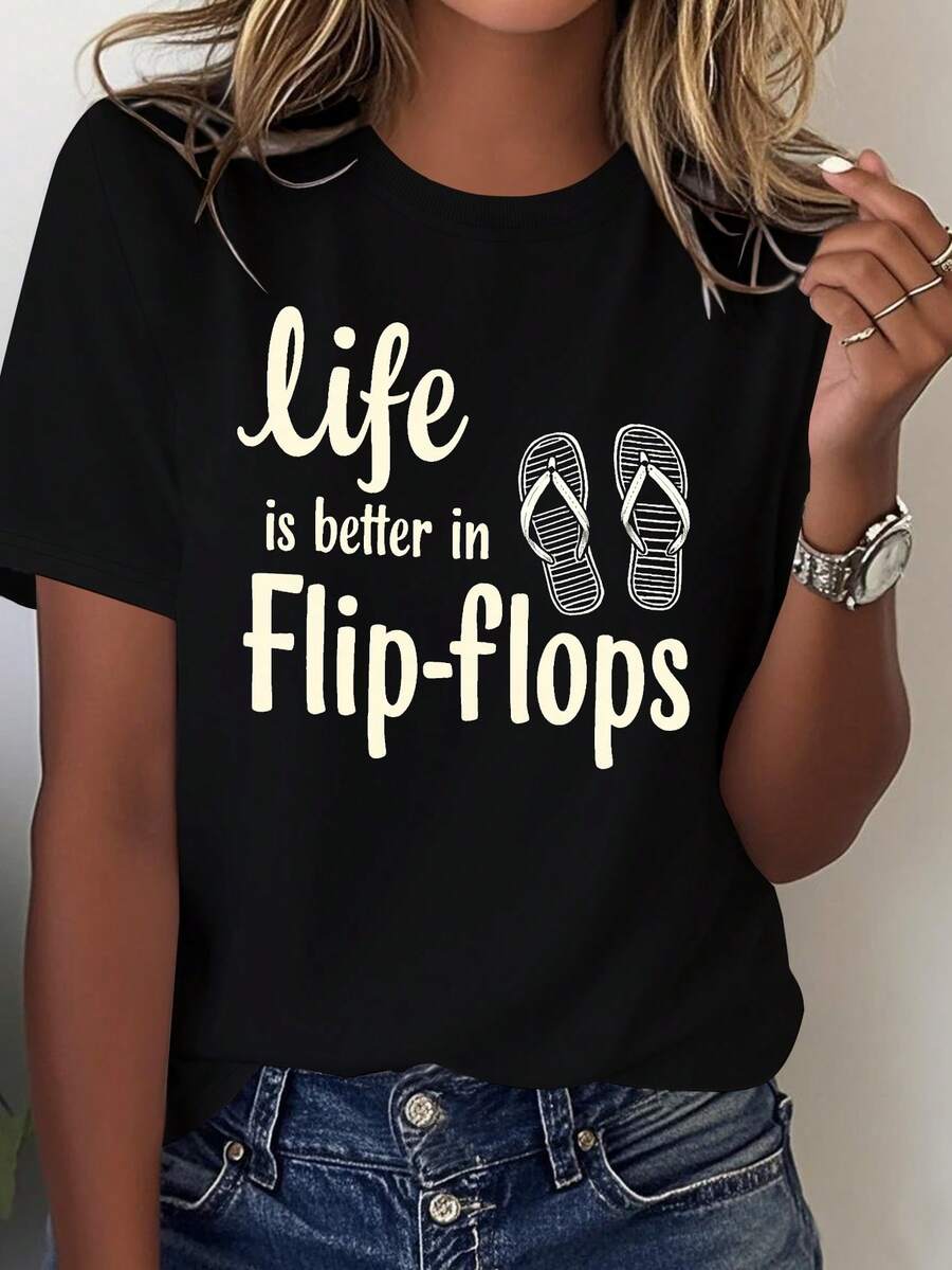 NEW Women's Tropical Beach T-Shirt "Life Is Better With Flip-Flops" - 100% Loose And Casual Summer T-Shirt With Flip-Flop And Palm Tree Designs, Light White Print, Suitable For - 黑色 - 查看 1