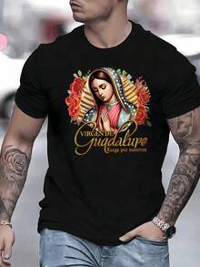 The Virgin Of Guadalupe Blesses With Faith, Hope, And Love, Surrounded By Red Roses, Symbolizing Eternal Divine Protection, To Wear On This Men's T-Shirt. - 白色 - 查看 1