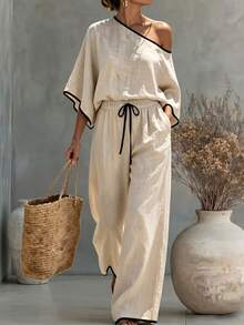 Elegant Commuter Color Block Patchwork Design, Asymmetric Shoulder Loose Top, Paired With Straight Leg Pants, Slanted Pockets, Woven Solid Color, Women's Two Pieces Set - Apricot - View 7