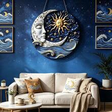 Hexenstil Sternenhimmel Boho runder Holz Wandbehang Dekoration, handbemalte 3D geprägte goldene Sonnenfigur, schlafender Sichelmond, Sterne und blaue Wellen geschnitzte Plakette, geeignet für Astrologie-Enthusiasten spirituelle Heimdekoration, Schlafzimmer Lounge Wanddekoration - Verschiedenfarbig - Übersicht 1