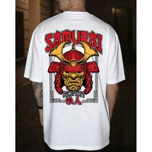 Men's Samurai Style T-Shirt With Red And Gold Helmet Design, Red And Black Lettering With Japanese Details, Regular Fit, Ideal For Fans Of Oriental Culture And Urban Fashion - 白色 - 查看 1