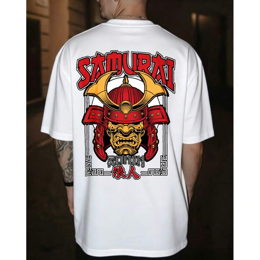 Men's Samurai Style T-Shirt With Red And Gold Helmet Design, Red And Black Lettering With Japanese Details, Regular Fit, Ideal For Fans Of Oriental Culture And Urban Fashion - 白色 - 查看 1