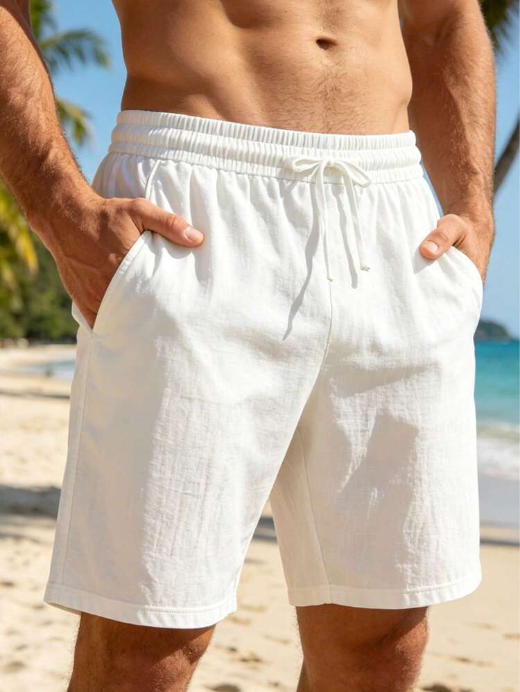 2pcs/Pack Men's Lightweight Breathable Linen Casual Shorts, Elastic WaistBermuda Shorts, Suitable For Daily Wear / Vacation / Sports - Blue and White - View 3