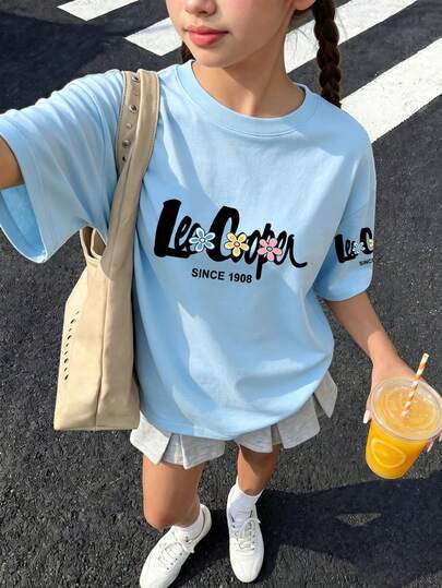 青少年女孩休閒趣味印花圓領套頭短袖T恤夏季上衣