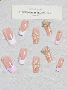 24pcs French Square Shaped Long Nail Sticker, 3D Rhinestone Flower Wave Leopard Pattern,Pink Y2k ,Cool,Includes 1 Jelly Glue And 1 Nail File, Suitable For Women/Girls In Daily Wear, Graduation,Summer,Press On Nail Patches,False Nails,Nail Supplies - Multicolor - View 3