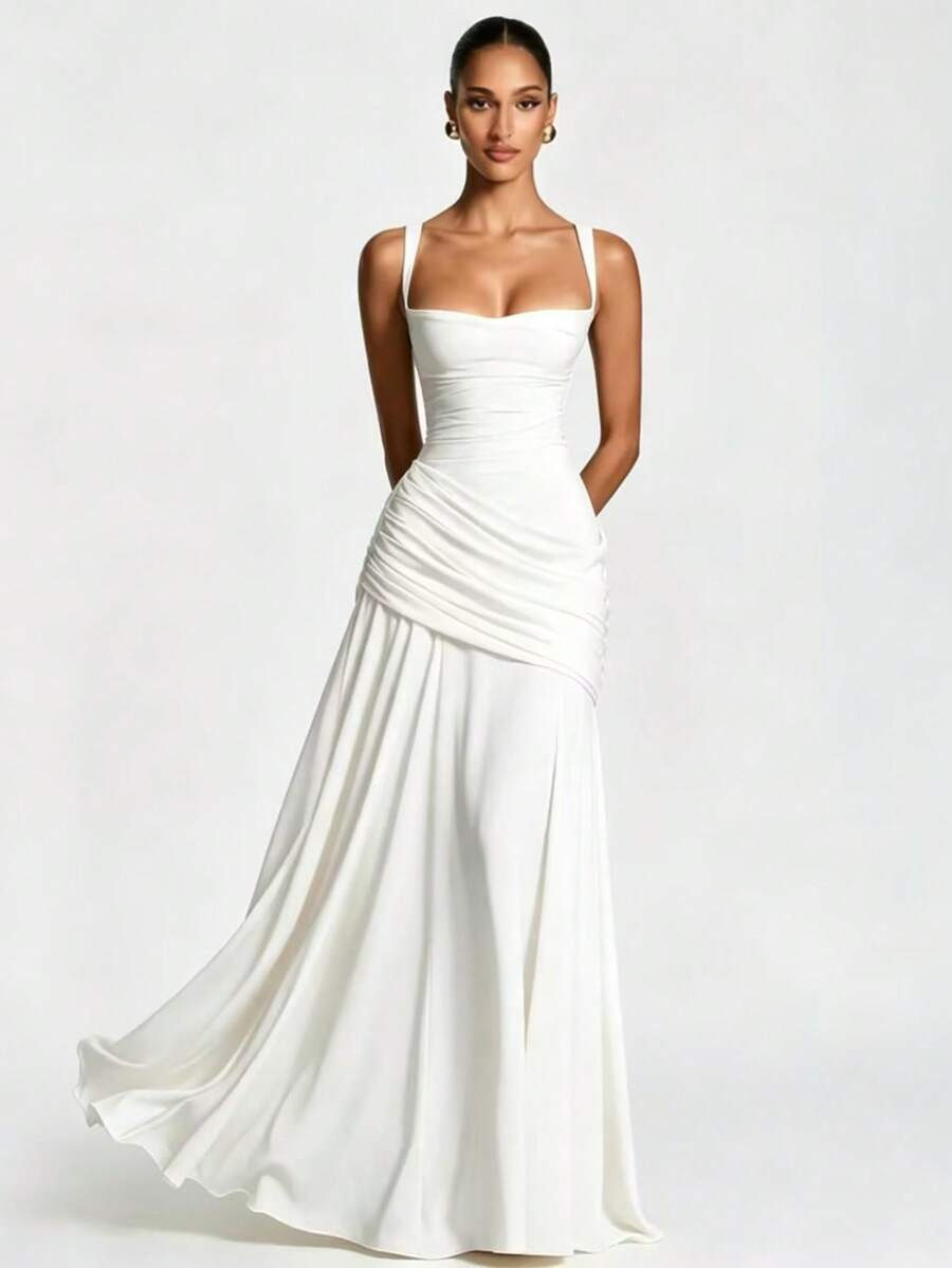 Elegant Women's Casual Party Dresses, Solid Color Strapless Sleeveless Fitted Waist Full Skirt European American Style Prom Dress - 白色 - 查看 1