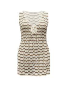 2026新款女款鉤編條紋蝴蝶結設計無袖夏季修身短洋裝，大尺碼波希米亞度假遮陽沙灘洋裝 - 彩色 - 查看 4
