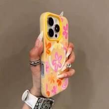 Phone Case: Fashionable And Creative Colorful Floral Pattern Macaron-Colored Skin-Feel Jelly Magnetic Wireless Charging Phone Case, Stylish, Lightweight, High-Quality, Non-Slip, And Fashionable Protection. Simple Design, Scratch-Resistant Shell. - Yellow - View 1