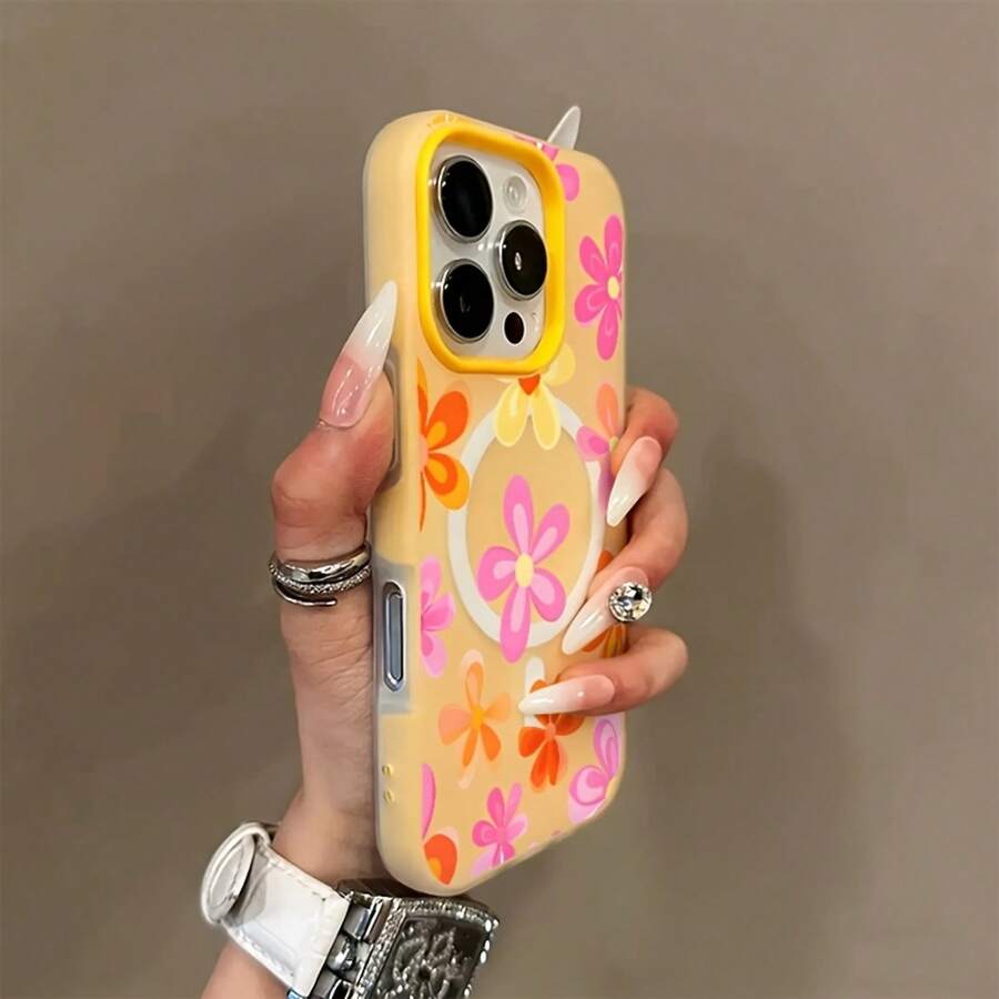 Phone Case: Fashionable And Creative Colorful Floral Pattern Macaron-Colored Skin-Feel Jelly Magnetic Wireless Charging Phone Case, Stylish, Lightweight, High-Quality, Non-Slip, And Fashionable Protection. Simple Design, Scratch-Resistant Shell. - Yellow - View 1