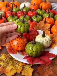 8pcs Artificial Mini Pumpkin Set With Autumn Leaves, Fall Harvest Home Decor Pumpkin Set, Suitable For Home, Wedding, Autumn Tabletop Arrangement, Halloween, Thanksgiving - A - View 3