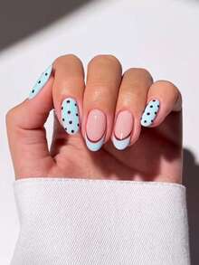 10 pièces d'ongles à coller faits main, ongles, faux ongles, ongles courts, acrylique à coller, ongles d'été, ongles roses, ongles bleus avec pois marron foncé peints à la main, parfaits pour le port quotidien, les sorties à la plage et les occasions de rendez-vous décontractés. - Bleu ciel - Voir 2
