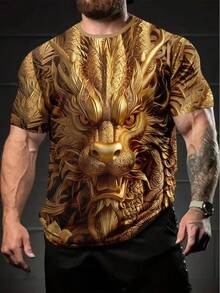 Men's Short-Sleeved T-Shirt, Size, With 3D Digital Dragon Print, Round Neck, Loose Fit, Casual, For Summer. - Hitam dan Putih - View 9