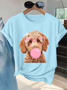 Women's Short-Sleeved T-Shirt With A Fun "Bubblegum" Poodle Print, Round Neck, Machine Washable, Skin-Friendly, Soft, Breathable, Suitable For Spring. - Blue - View 1