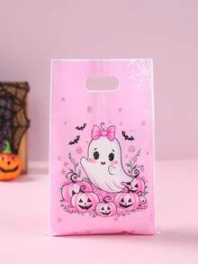 Halloween Pink Ghost Pumpkin Handheld Treat Bags, Cute Bow Goodie Gift Bags, Plastic Candy Sacks For Trick Or Treat Halloween Party Favor Supplies - Ghost Foundation - View 3