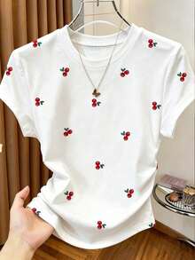Resyla Versatile Short Sleeve Blouse With Gathered Waist, All-Over Cherry Print, For Summer - White 5 - View 1
