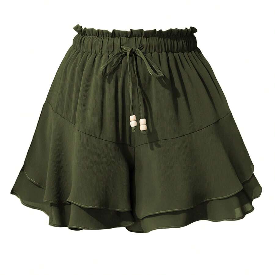 Double-Layer Culottes With Ruffles, Elastic Waistband And Adjustable Drawstring: A Casual And Sporty Design Intended To Prevent Accidental Exposure. - Army Green - View 1