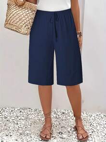 Fashionable Casual Shorts For Women, Mid-Length And Solid Color - 藏蓝色 - 查看 1