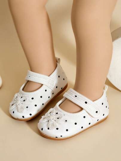 Sapatos de Primeiros Passos para Bebê Primavera/Outono 0-6-12 Meses Recém-Nascido 100 Dias Sola Macia Poá Sapatos de Princesa