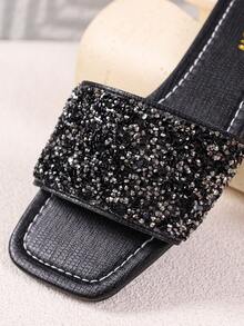 1 Pair Flat Slide Sandals/Solid Color Flat Design Shiny Upper Exquisite Design Rhinestone Decor Easy To Put On And Take Off Easy To Clean Elegant Sophisticated Fashionable Versatile Suitable For Daily Wear Shopping Dating Vacation Travel Must-Have Slide Sandals - Black - View 10