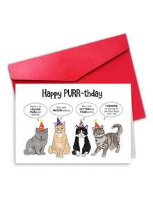 1pc "Happy PURR-Thday" Funny Cat Birthday Card With Envelope – Punny Party Cats Cartoon Design – Humorous Greeting For Cat Lovers – Blank Inside - A - View 10