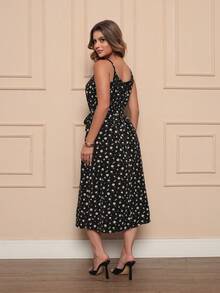 Women's Long Strap Dress | Crepe With Elastec L Flower I Off The Shoulder. - 黑色 - 查看 5
