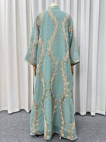 2件組女款亮片珠飾刺繡穆斯林長袍套裝，寬鬆版型伊斯蘭服飾杜拜風卡夫坦，適合開齋節 - 薄荷綠 - 查看 7