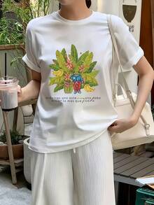 夏季新款圓領 DTMF 圖案修身落肩 T-shirt，度假旅行海灘穿搭 - 白色5 - 查看 2