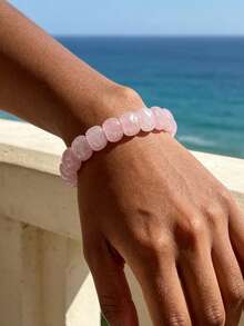 Gelang Rose Quartz Alami, Batu Alam Manis, Kristal Berfaset, Manik-manik Persegi Elegan, Perhiasan Pasangan - Baby Pink - View 6