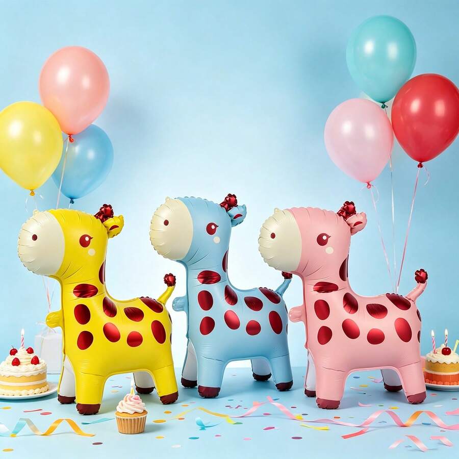 3pcs/Set Standing Giraffe Foil Balloon, 3 Colors Cute Animal Aluminum Mylar Balloon, Kids Birthday Baby Shower Party Decorations Photo Prop - Giraffe - View 1