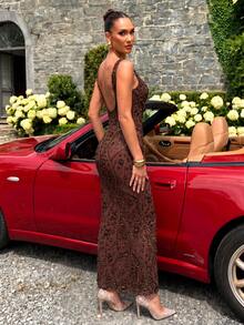 UNITHORSE Women's Square Neck Backless Cinched Waist Floral Beaded Elegant Evening Dress - Coffee Brown - View 2