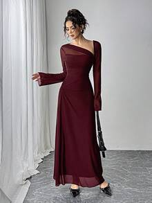 Vestido elegante para mujer de manga larga, cuello asimétrico y largo hasta el tobillo - Burdeos - Ver 1