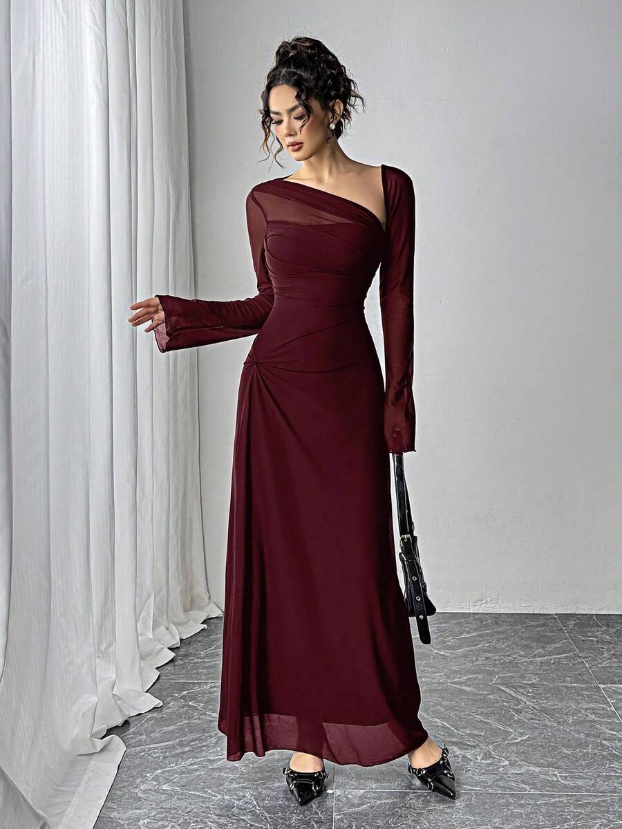 Vestido elegante para mujer de manga larga, cuello asimétrico y largo hasta el tobillo - Burdeos - Ver 1