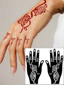 Hana Hand-Drawn Hollow Hands Tattoo Stencil + 1 Bottle Red Henna Tattoo Ink Combo Set, Henna Tattoo, Suitable For Hands, DIY Painting, Ink, Reusable Mehndi Design Template Ink - Red - View 4