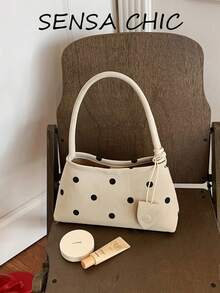 Fashionable Black Polka Dot Handbag, Korean-Style Minimalist Design, Shape-Retaining, Classic Polka Dot Pattern With Soft Atmosphere, Suitable For All Seasons And Various Gentle Style Outfits, Practical For Organized Storage And Daily Use - Beige - View 2