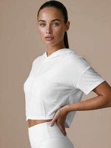 Women's Lightweight Short Sleeve Hooded Backless Batwing Short Sports Top, Yoga Fitness Running Workout T-Shirt - White - View 8