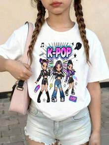 Short-Sleeved T-Shirt With Round Neck And Hawaiian Floral And Letter Print For Girls, Casual And Modern Style, Ideal For Everyday Outings And Holidays, Hawaiian T-Shirt For The - 酒紅色 - 查看 1
